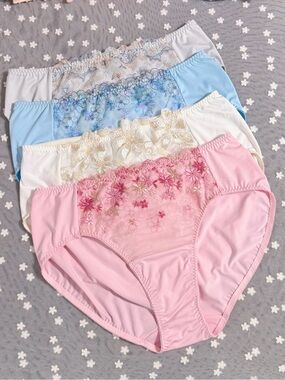 Set Of 4 US-XL/JP-5L Japanese Floral Embroidery Panties Extra Long Crotch Lining